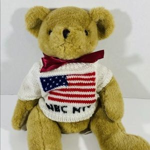 Vintage NBC NYC Teddy Bear Plush Sweater Stuffed Animal Brown Red Bow 17” Toy